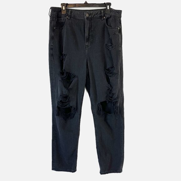 American Eagle Comfort Stretch Waistband Black Ripped Denim Mom Jean - Size 14 - Picture 1 of 5